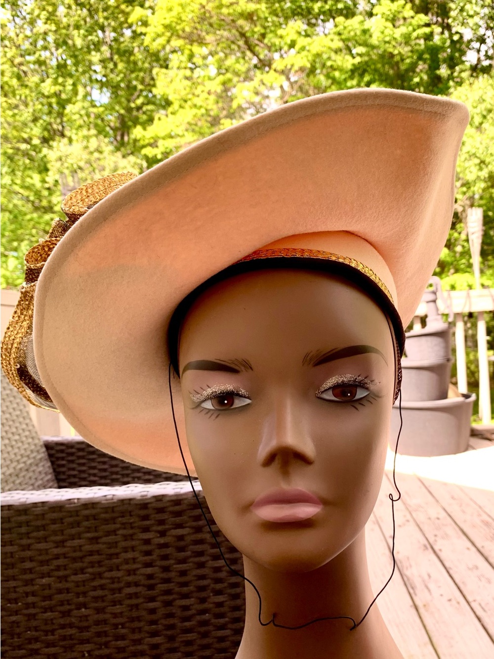 Beige Wide-Brim Dress Hat with Black & Gold Bow Accent - Picture 2 of 14